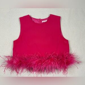 La' Ros Hot Pink Feather Hem Trim Sleeveless Top Size Large NWOT